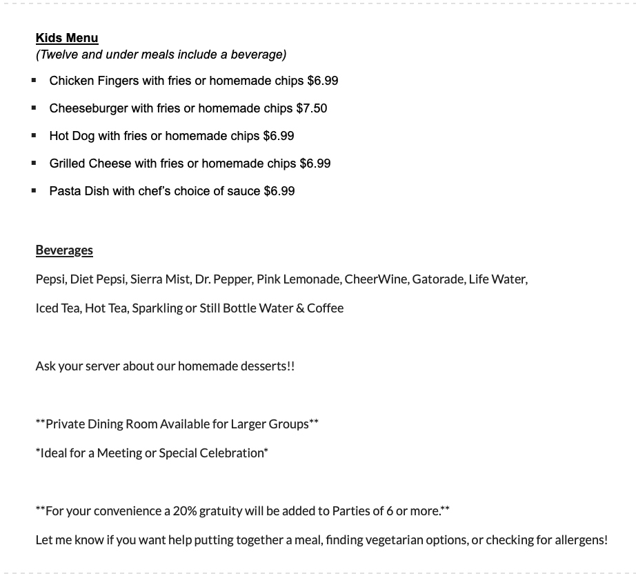 Kids Menu